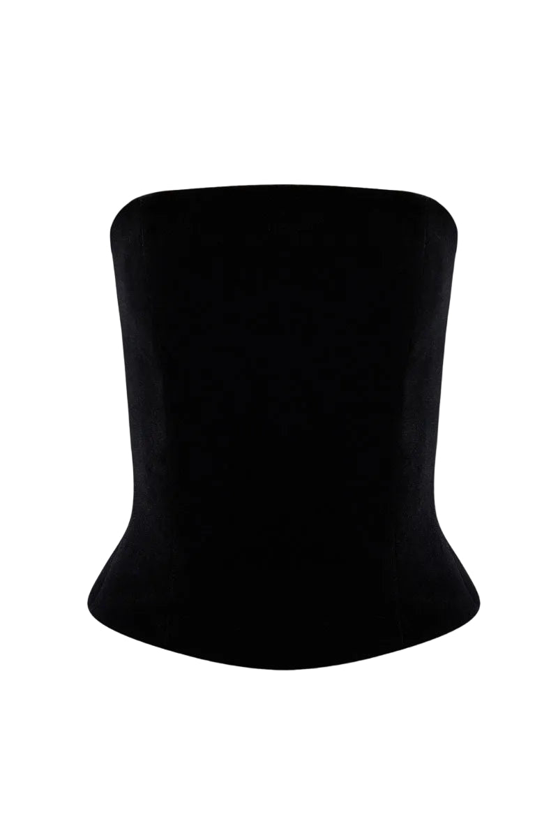 Black double corset top by BALYKINA, featuring structured design and adjustable straps, shown on a mannequin.