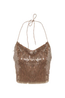 Suncillo brown sequins top with long sleeves and round neckline, shimmering fabric perfect for stylish evening wear.
