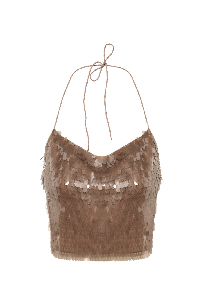 Suncillo brown sequins top with long sleeves and round neckline, shimmering fabric perfect for stylish evening wear.