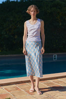 KIKI Cat 22 Momme Mulberry Blue Silk Bias Midi Skirt from Not Just Pajama, showcasing elegant silk fabric and flattering midi length.
