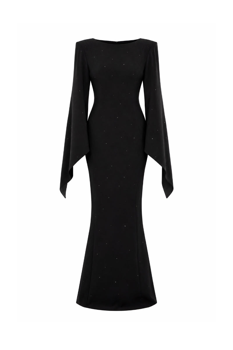 Lili Blanc black Ember gown, elegant evening dress with flowing fabric and classic design, suitable for formal occasions.