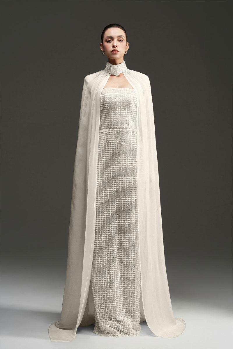 PEARL SQUARE MESH LACE AND CHIFFON DRESS IN SILVER | CULT MIA | I.H.F Studio PEARL SQUARE MESH LACE AND CHIFFON DRESS IN SILVER | CULT MIA | I.H.F Studio