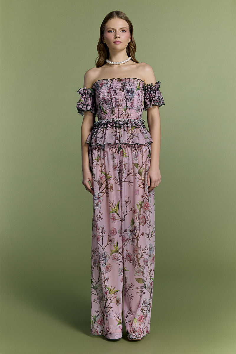 Nur Karaata Tropic Allure co-ord set featuring vibrant, tropical print top and matching pants, perfect for a stylish summer look.