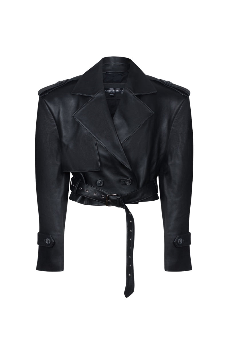 LARETAGGIO NOVARA jacket displayed on a hanger, showcasing its stylish design and fabric details.