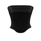 Black satin Bridget corset top by Nazlı Ceren featuring a fitted design and elegant lace-up front.