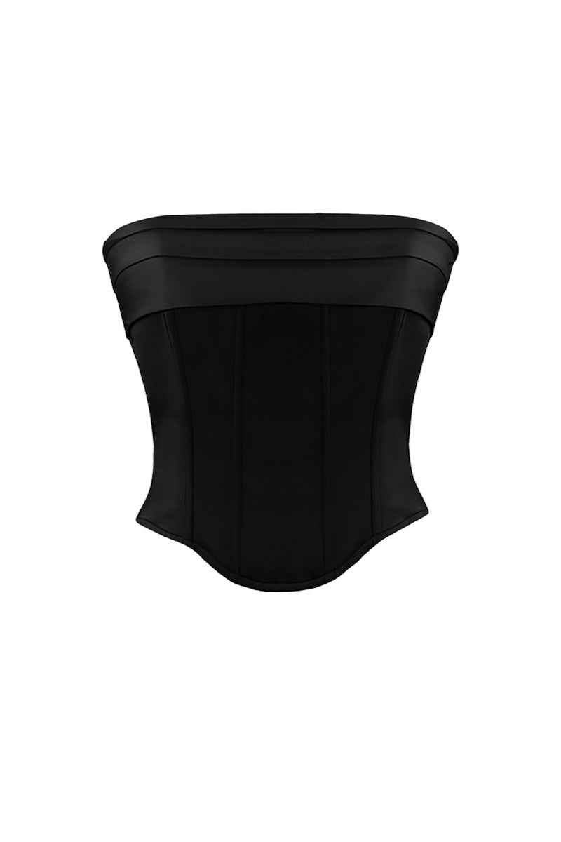 Black satin Bridget corset top by Nazlı Ceren featuring a fitted design and elegant lace-up front.