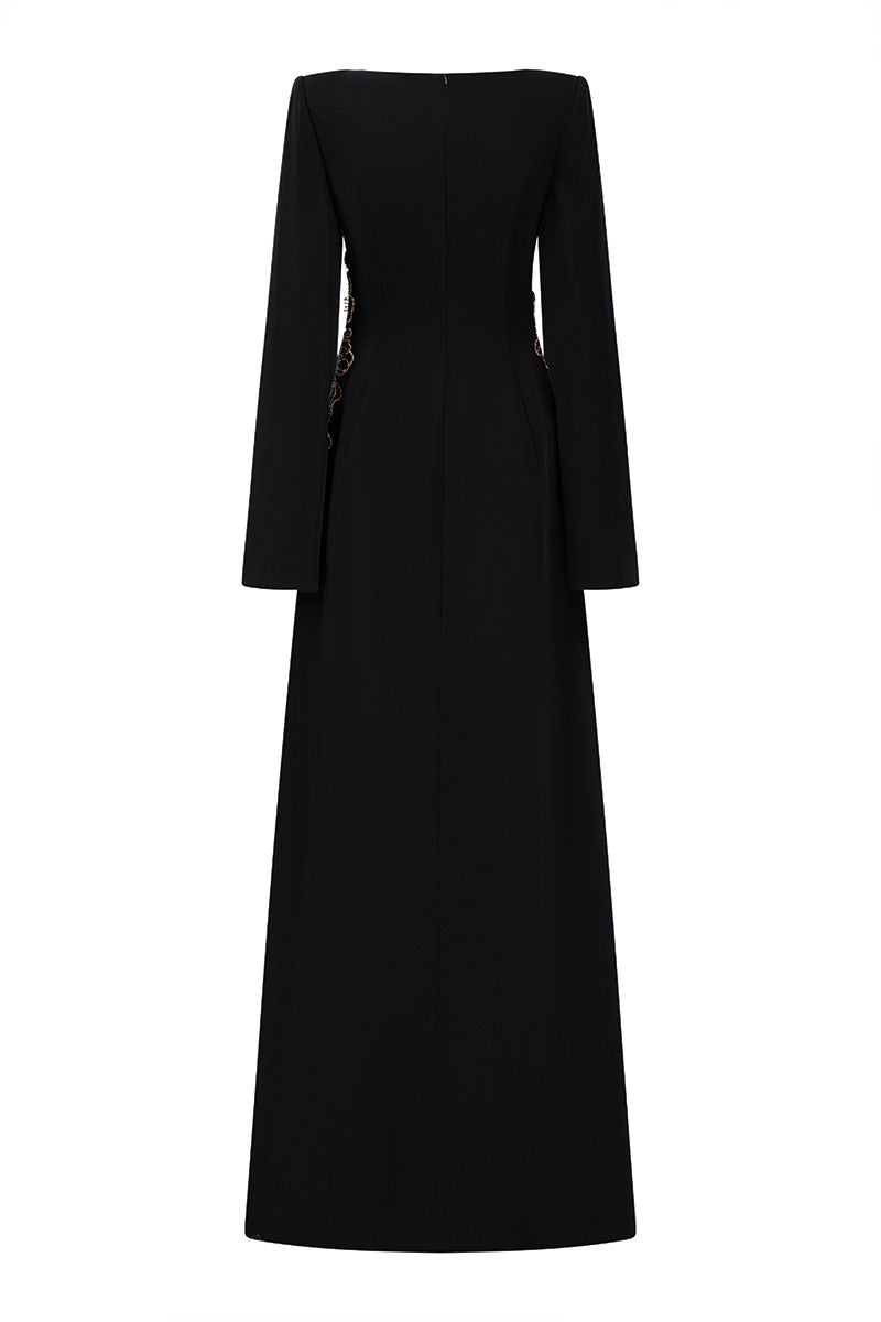 VELVET SATIN BOAT NECK DRESS IN BLACK | CULT MIA | Lune De Soie VELVET SATIN BOAT NECK DRESS IN BLACK | CULT MIA | Lune De Soie
