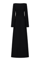 Black velvet satin boat neck gown by Lune De Soie featuring a sleek, elegant silhouette and smooth, luxurious fabric.