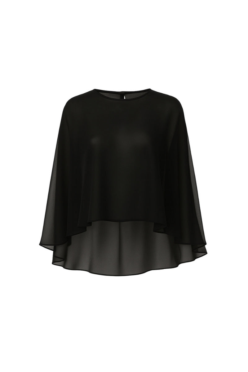 Black chiffon cape jacket by Nazlı Ceren, stylish VIONA cape with flowing fabric and elegant design, displayed on a hanger.