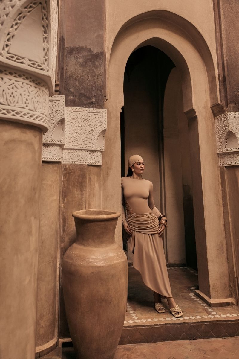 Khanum's Kasmina tan mini dress featuring a fitted silhouette and stylish design, perfect for casual or semi-formal occasions.