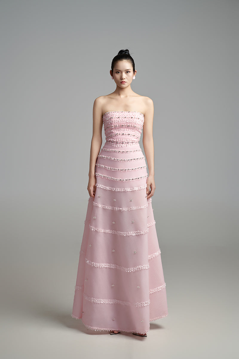 STRAPLESS A-LINE MAXI DRESS WITH CRYSTAL DETAILS