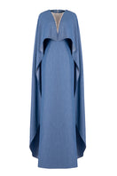 Blue GVLUX elegant V-neck kaftan gown with dolman sleeves, flowing fabric and intricate detailing for a stylish, comfortable look.