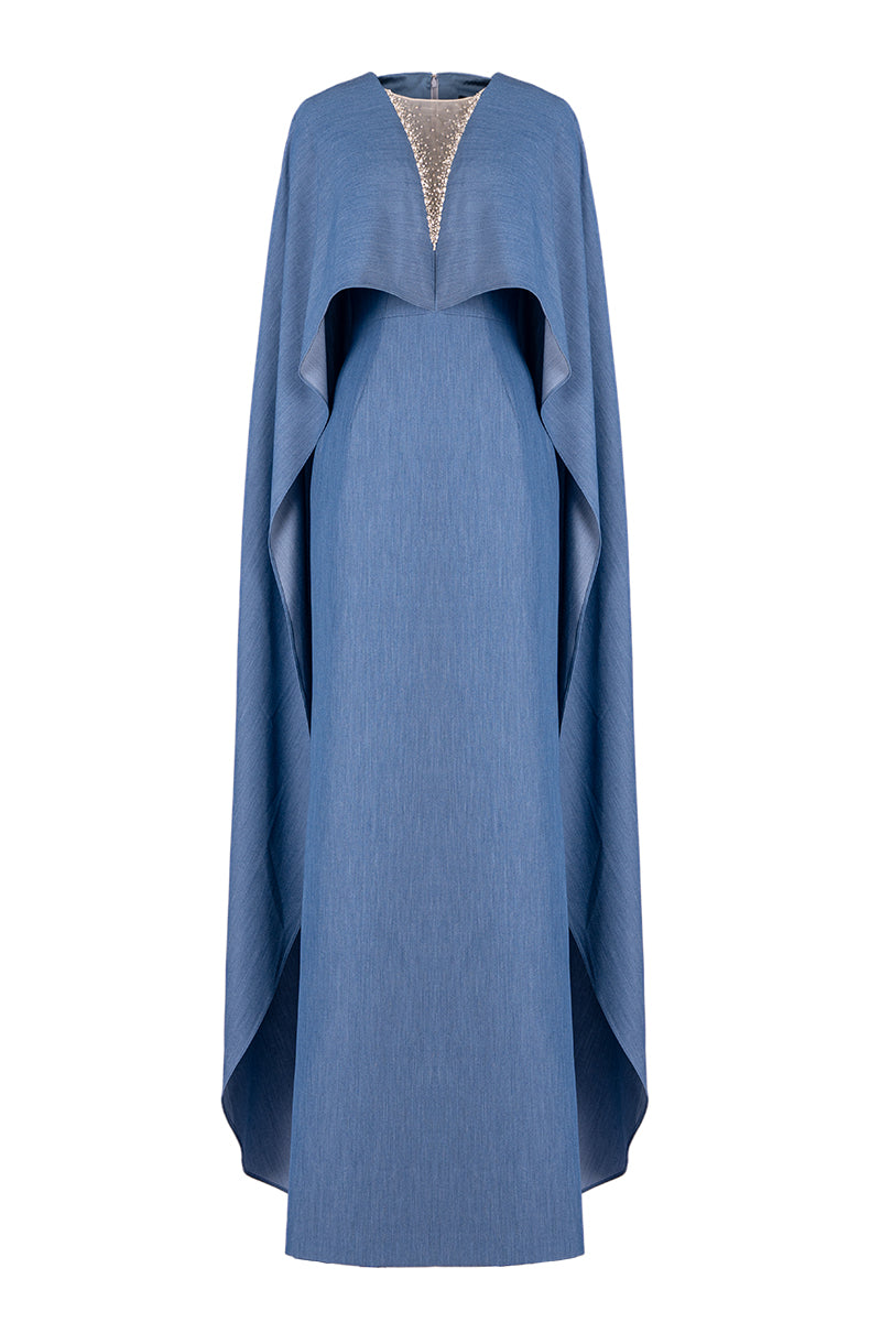 Blue GVLUX elegant V-neck kaftan gown with dolman sleeves, flowing fabric and intricate detailing for a stylish, comfortable look.