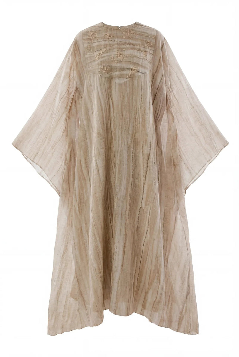 Embroidered crew neck caftan gown with inner dress by Shatha Essa, featuring intricate embroidery and flowing fabric.