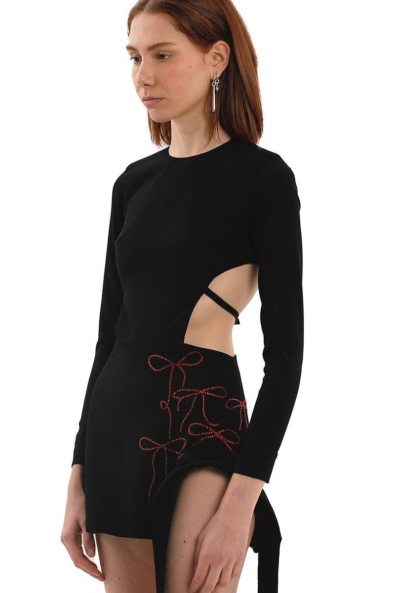 BLACK CRYSTAL BOW MINI DRESS - CULT MIA