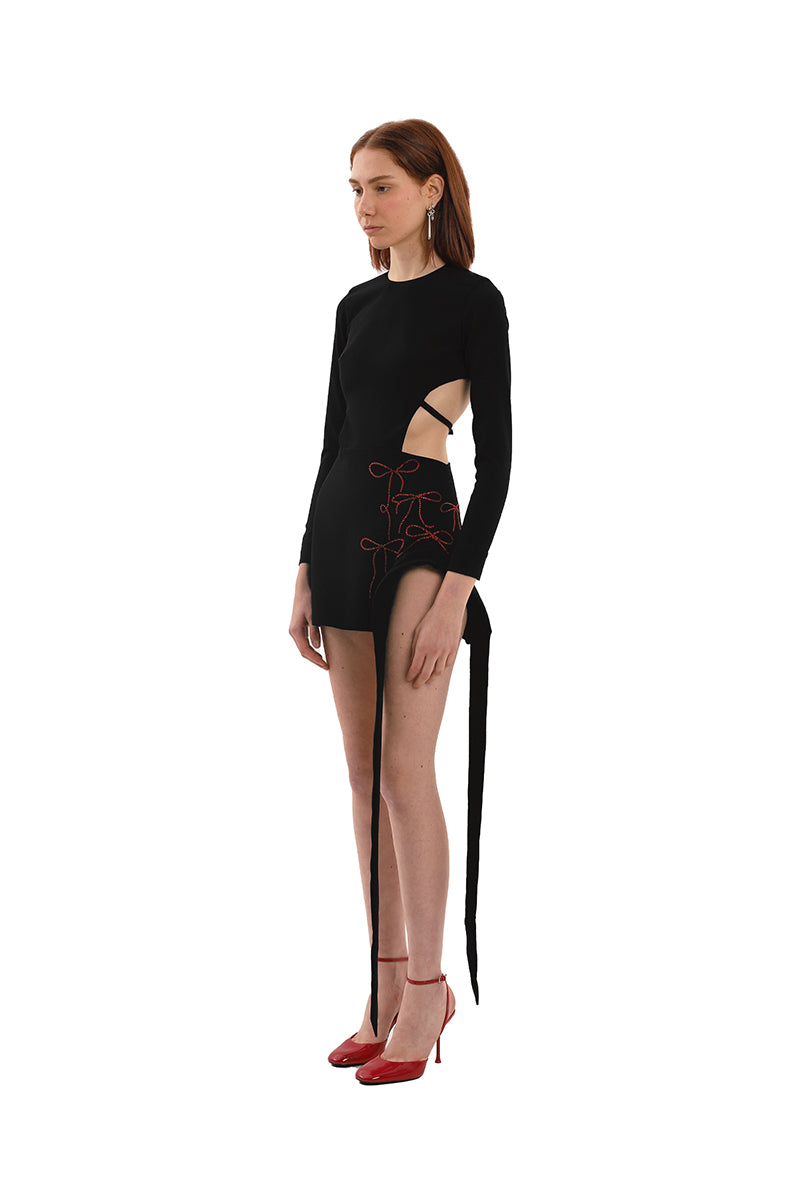 BLACK CRYSTAL BOW MINI DRESS - CULT MIA