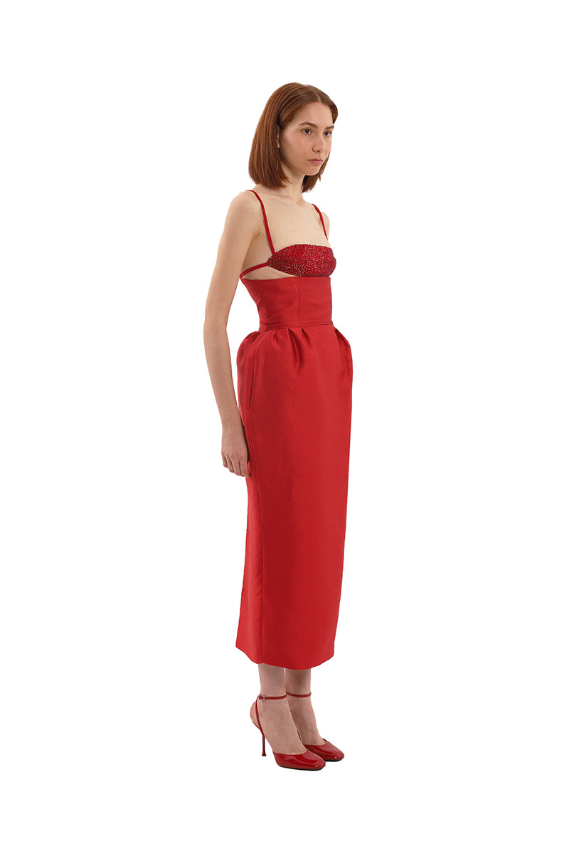 RED VOLUME MIDI SKIRT - CULT MIA