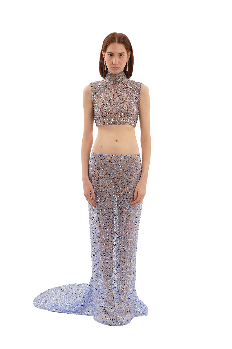 BLUE FLOWER EMBROIDERED MAXI SKIRT - CULT MIA