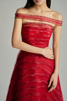 Red off-shoulder organza gown by HAPPY CLOTHING, featuring a flowing design and elegant fit from the CULT MIA X collection.