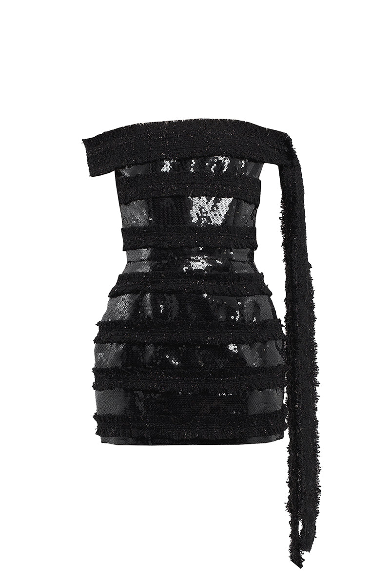 SEQUINS AND TWEED MINI DRESS IN BLACK - CULT MIA