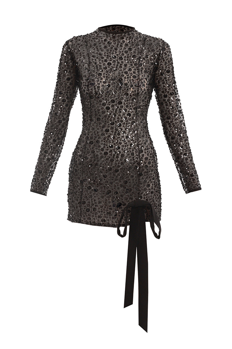 BLACK FLOWER EMBROIDERED MINI DRESS - CULT MIA