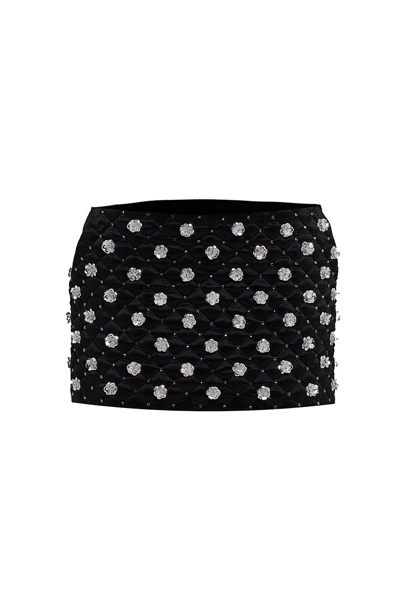 MINI SKIRT WITH FLOWER EMBROIDERY AND CRYSTALS IN BLACK - CULT MIA