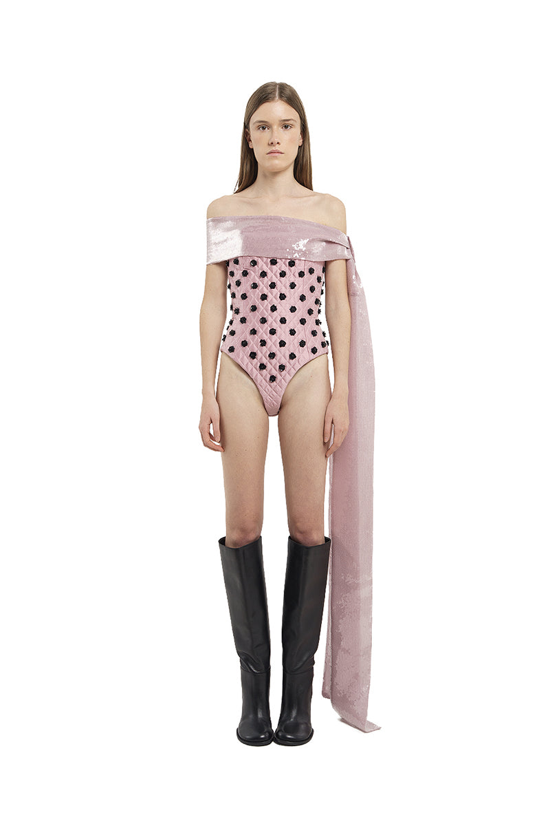 QUILTED BODYSUIT WITH FLOWER EMBROIDERY IN PINK - CULT MIA
