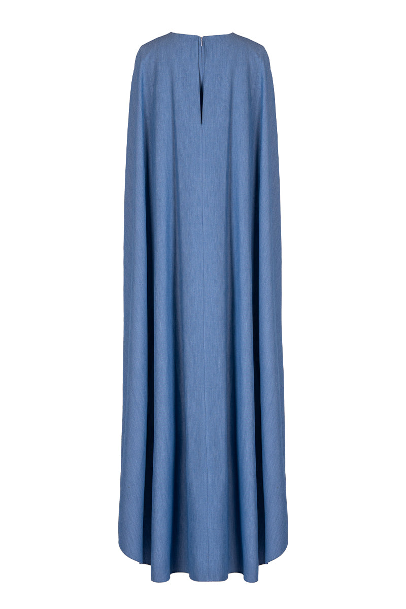 Blue GVLUX elegant V-neck kaftan gown with dolman sleeves, flowing and stylish for sophisticated evening wear.