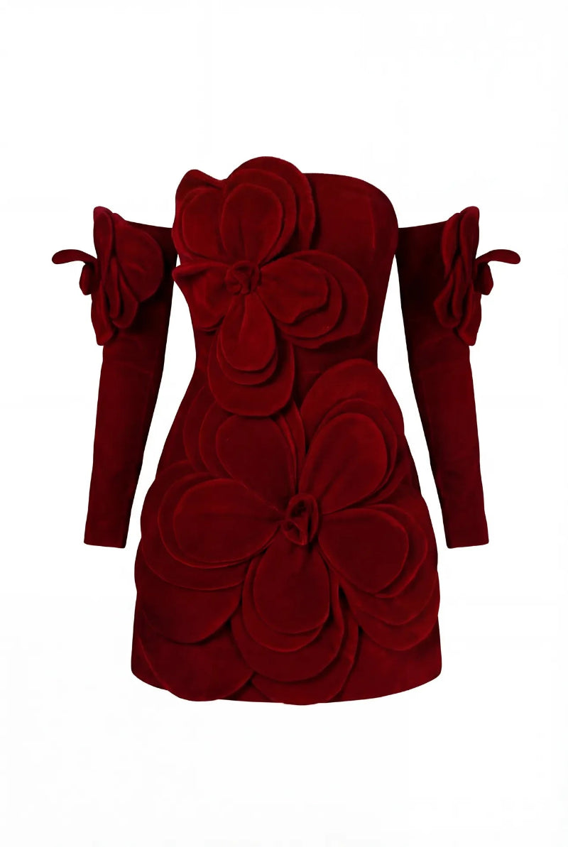 Happy Clothing Amora A-line cold shoulder velvet mini dress, shown in deep blue with long sleeves and a fitted silhouette.