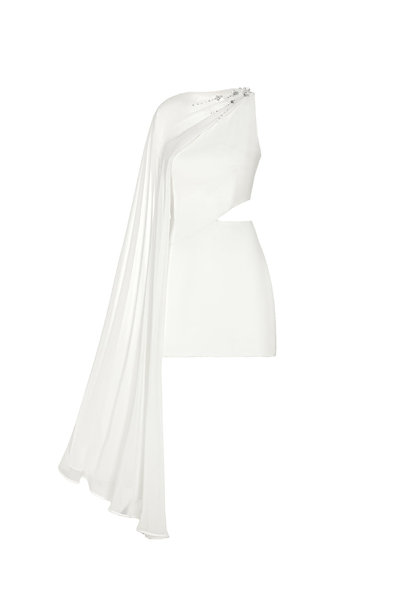 White embellished cape mini dress by Monika Dimova, featuring decorative details and a stylish short silhouette.