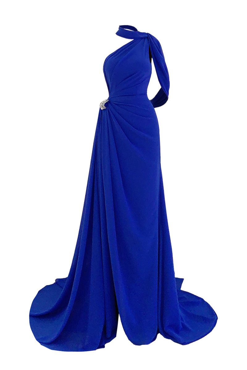 NAVY BLUE OFF SHOULDER EVENING GOWN - CULT MIA