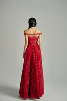 Red off-shoulder organza gown by Happy Clothing, featuring a flowing design and elegant style from the CULT MIA X collection.