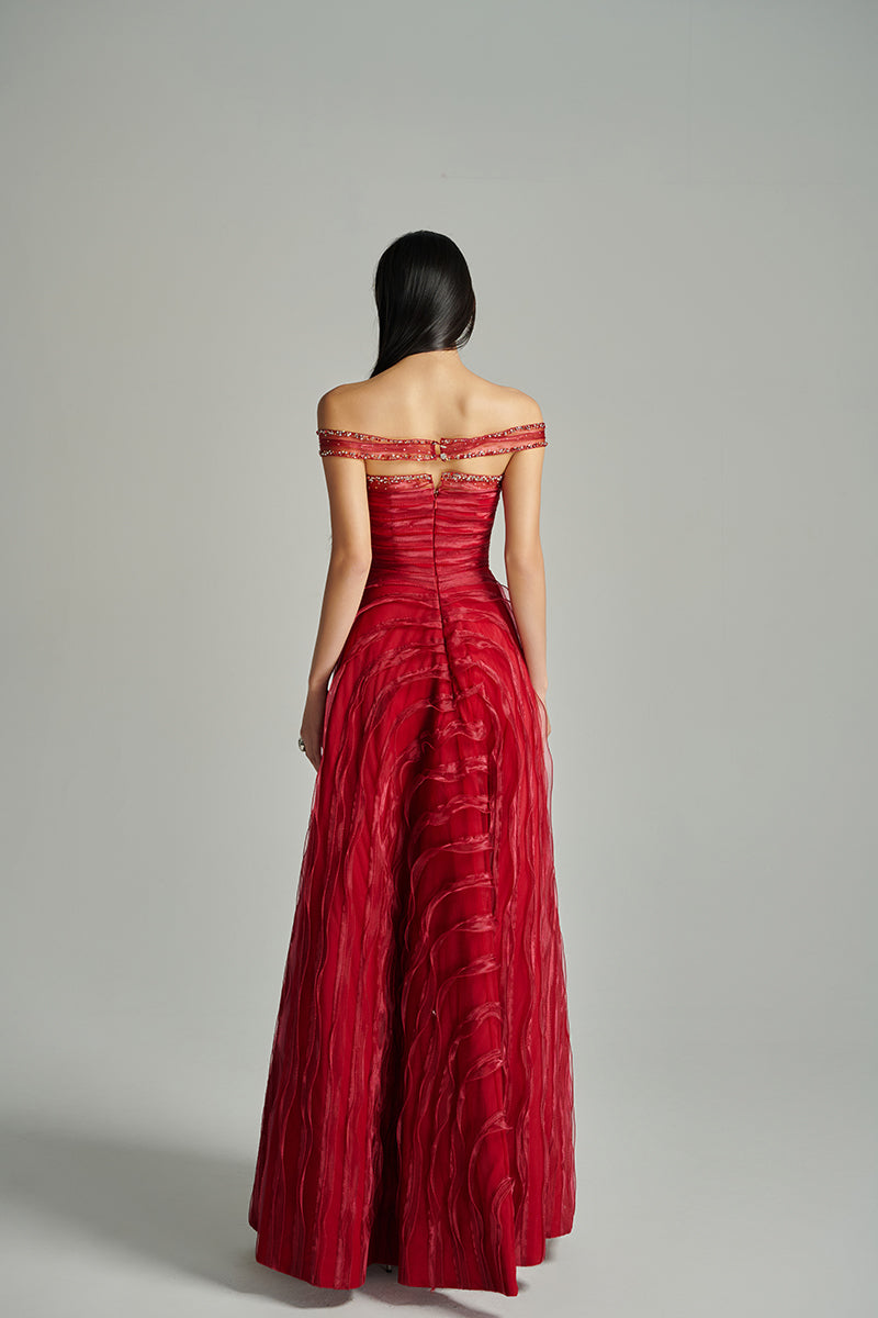 Red off-shoulder organza gown by Happy Clothing, featuring a flowing design and elegant style from the CULT MIA X collection.