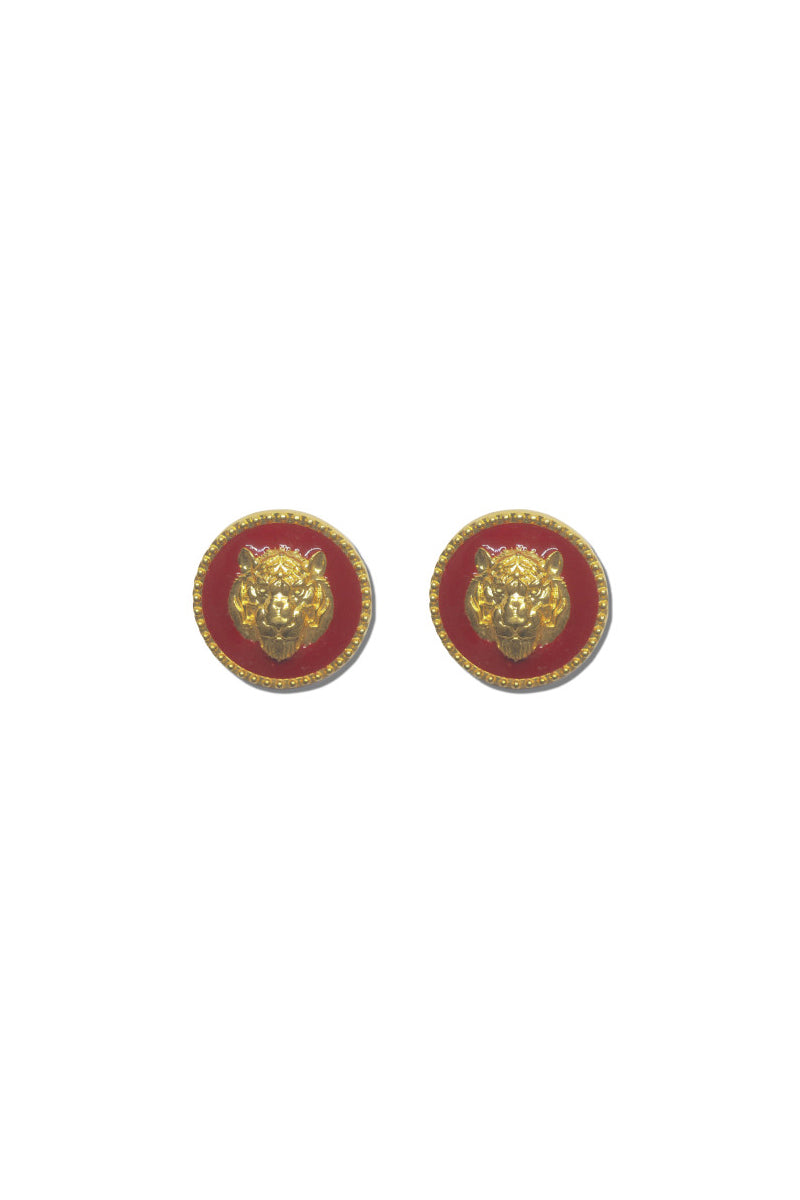 Natia x Lako red lion earrings featuring bold, artistic design with gold-tone accents, perfect for making a stylish statement.