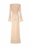 Light pink salmon long-sleeved maxi dress by AWAVE, flowing fabric, elegant design perfect for formal or casual occasions.