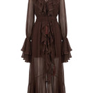 OvertheSea Ocean of Tenderness brown maxi dress, flowing fabric and elegant design, full-length dress on a model.