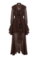 OvertheSea Ocean of Tenderness brown maxi dress, flowing fabric and elegant design, full-length dress on a model.