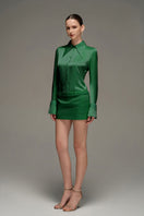 Dark green satin shirt and skirt co-ord set by I.H.F Studio, featuring a sleek, elegant design with smooth fabric.