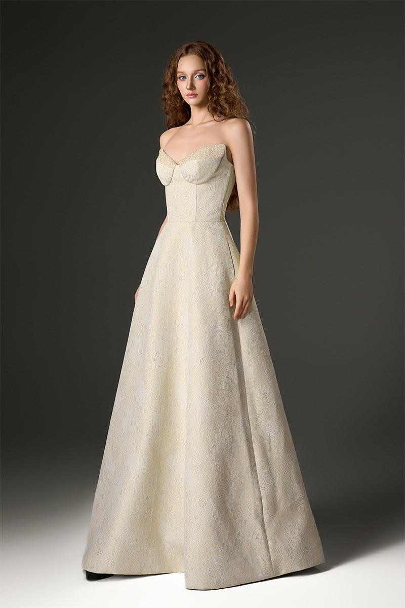 LOTUS BROCADE A-LINE DRESS IN YELLOW | CULT MIA