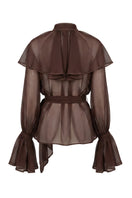 OvertheSea Ocean of Tenderness brown blouse, stylish women's top with a relaxed fit and soft fabric, detailed close-up view.