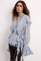 OvertheSea Ocean of Tenderness gray-blue blouse, stylish tops with soft fabric and relaxed fit, displayed on a mannequin.