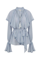 OvertheSea Ocean of Tenderness gray-blue blouse, lightweight top with relaxed fit and subtle details, displayed on a hanger.