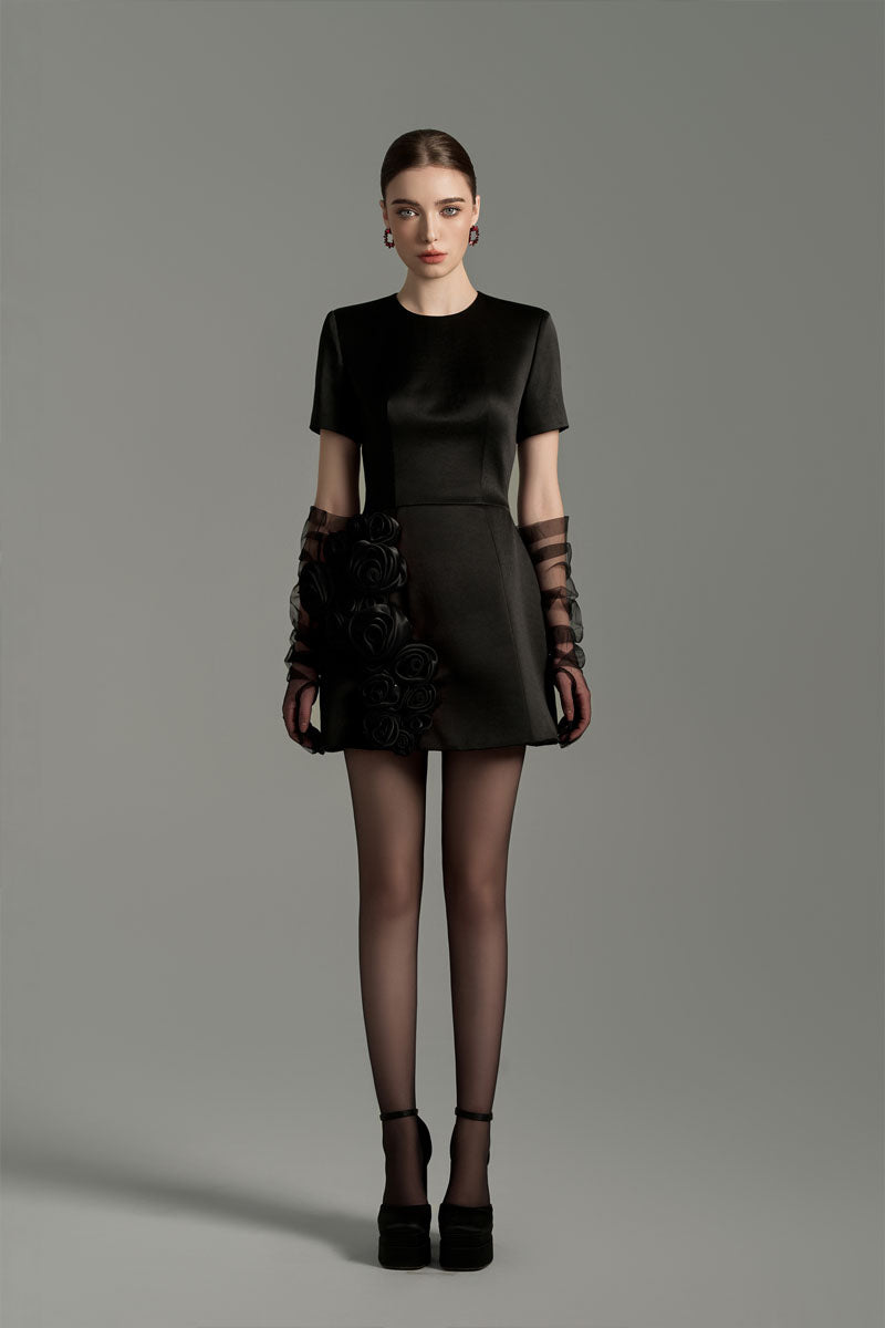 EMBROIDERED SHORT SLEEVE MINI DRESS IN BLACK - CULT MIA