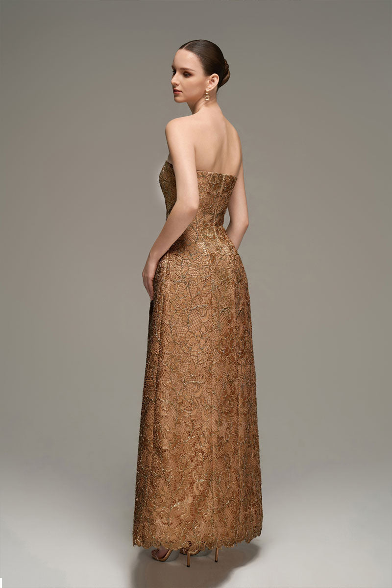 Brown lace bustier gown by I.H.F Studio, featuring intricate lace details and a fitted silhouette, perfect for elegant occasions.