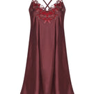 Entos burgundy NaO camisole nightgown with lace trim, soft fabric, and adjustable straps, displayed on a hanger.