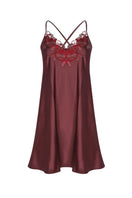 Entos burgundy NaO camisole nightgown with lace trim, soft fabric, and adjustable straps, displayed on a hanger.