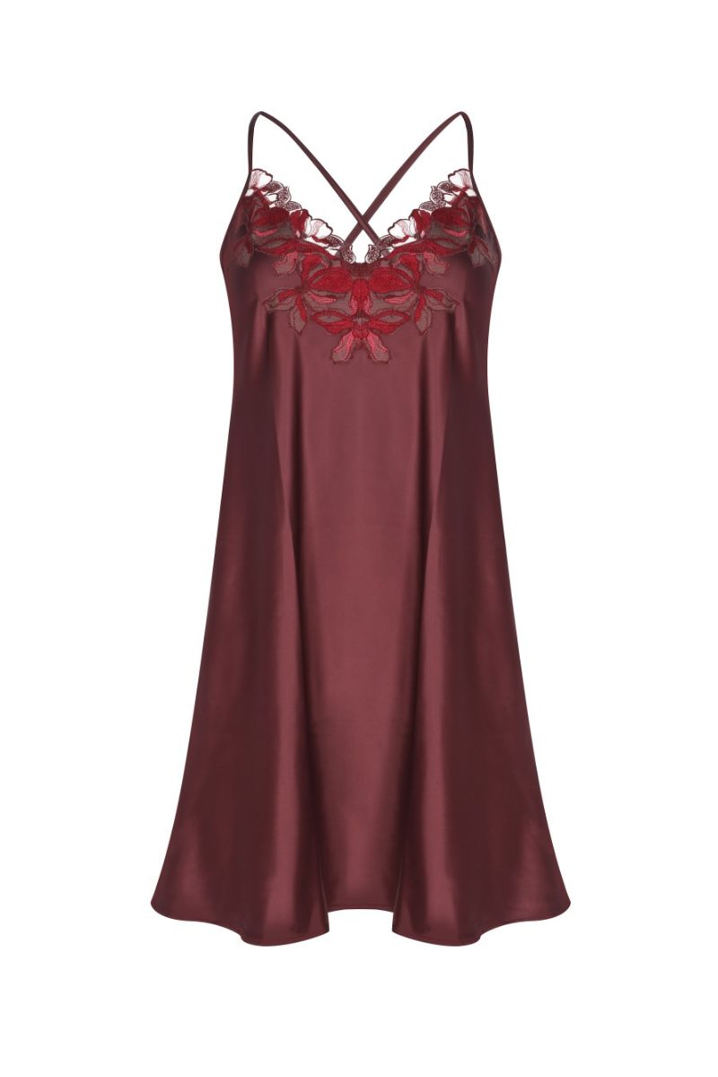 Entos burgundy NaO camisole nightgown with lace trim, soft fabric, and adjustable straps, displayed on a hanger.