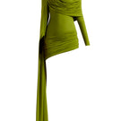 Deme by Gabriella lime green moss mini dress, sleeveless with a fitted silhouette, shown on a model.