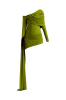 Deme by Gabriella lime green moss mini dress, sleeveless with a fitted silhouette, shown on a model.