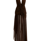 Brown TESS draped maxi dress by Deme By Gabriella featuring elegant flowing fabric and a stylish, relaxed fit.